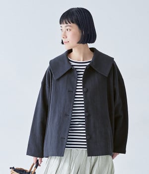 リネンコットンワイドカラージャケット(ネイビー-ONESIZE)