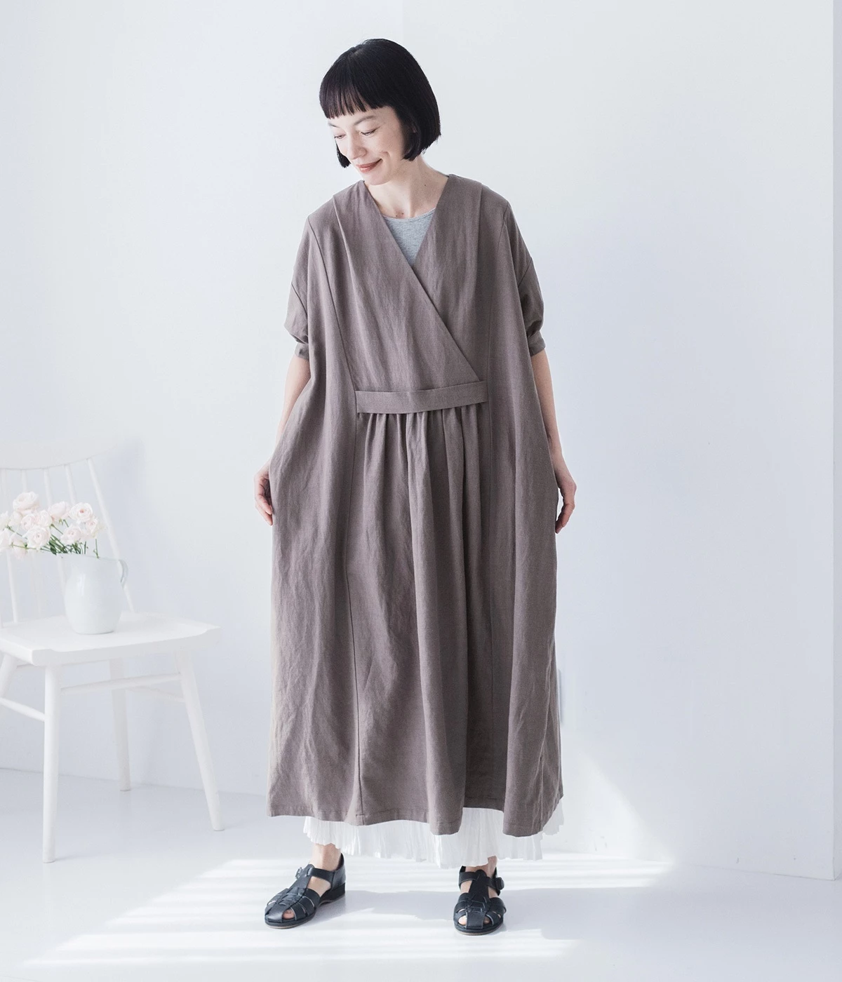 5分袖カシュクール風ワンピース(チャコール-ONESIZE)