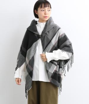 トグル釦ギャザーチェックポンチョ