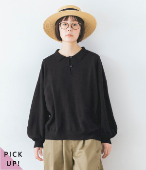 ボリューム袖ニットポロシャツ(ブラック-ONESIZE)
