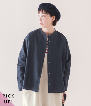 コットンリネン　ギャザーワイドブラウス(ネイビー-ONESIZE)