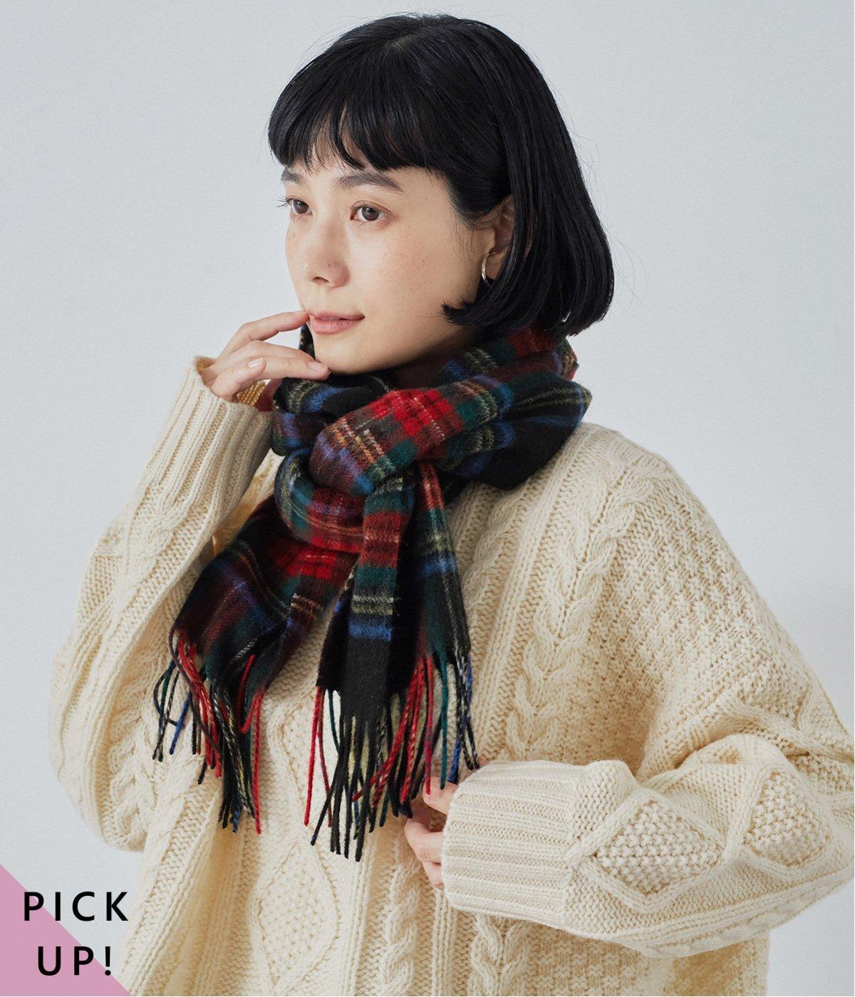 洗えるウール　タータンチェックマフラー(ブラック-F)