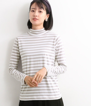 オーガニックコットンハイネックTシャツ(グレー×オフホワイト-M)