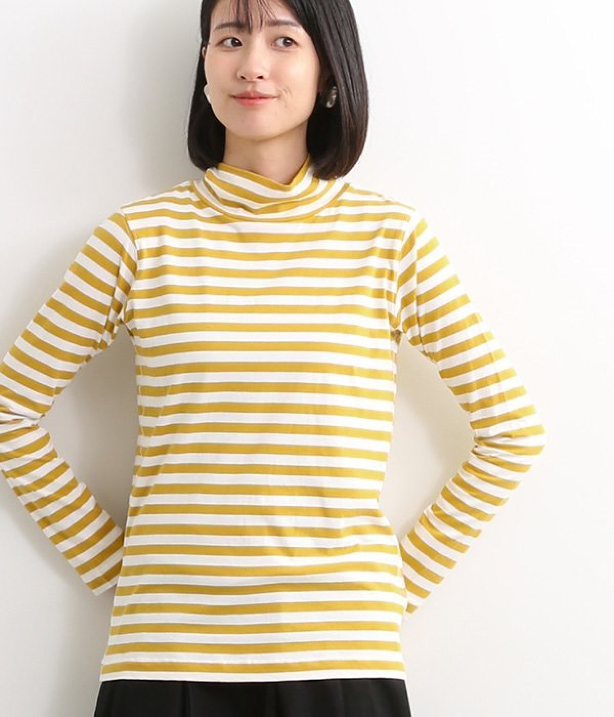 オーガニックコットンハイネックTシャツ(イエロー×オフホワイト-M)