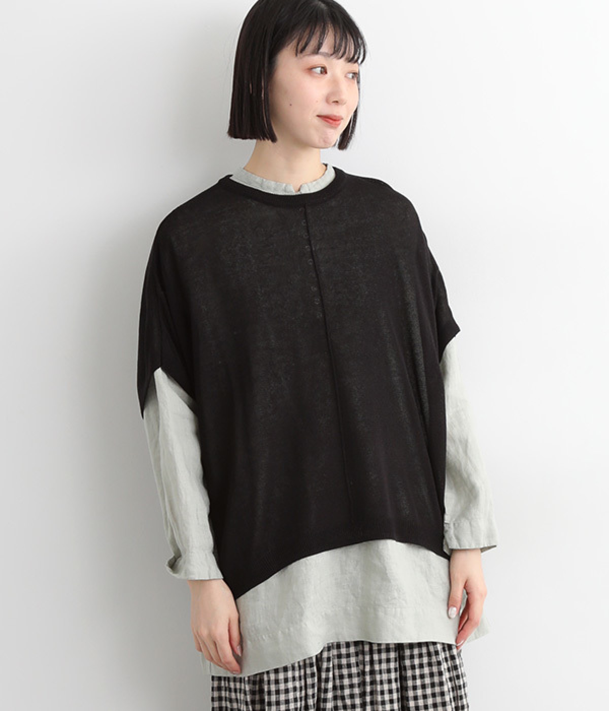 リネンブレンドニット 裾前後差ワイドベスト(ブラック-ONESIZE)