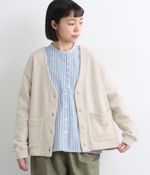 コットンガーゼ裏毛バイカラーVネックカーディガン(アイボリー×アイボリー-F)