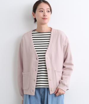 コットンガーゼ裏毛バイカラーVネックカーディガン(ダスティピンク×ダスティピンク-F)