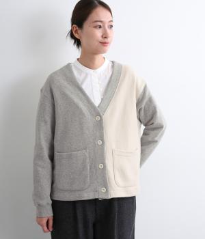コットンガーゼ裏毛バイカラーVネックカーディガン(杢グレー×アイボリー-F)