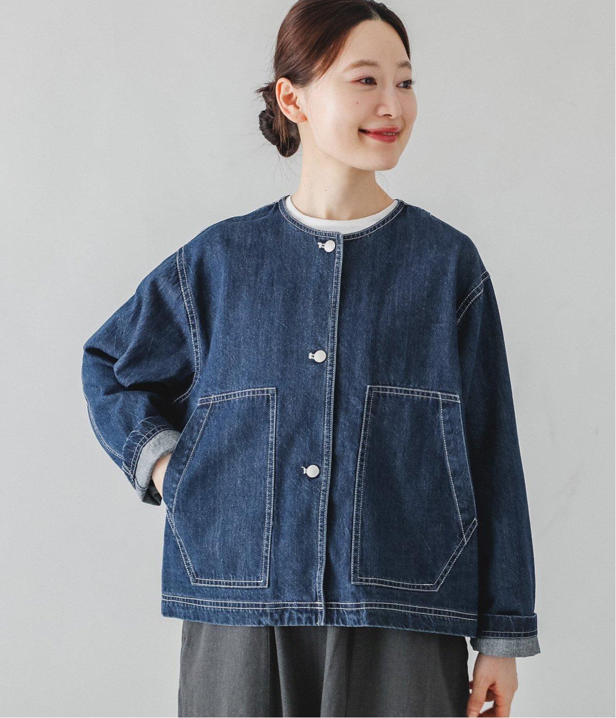 コットン9OZデニムノーカラージャケット(インディゴ-F)
