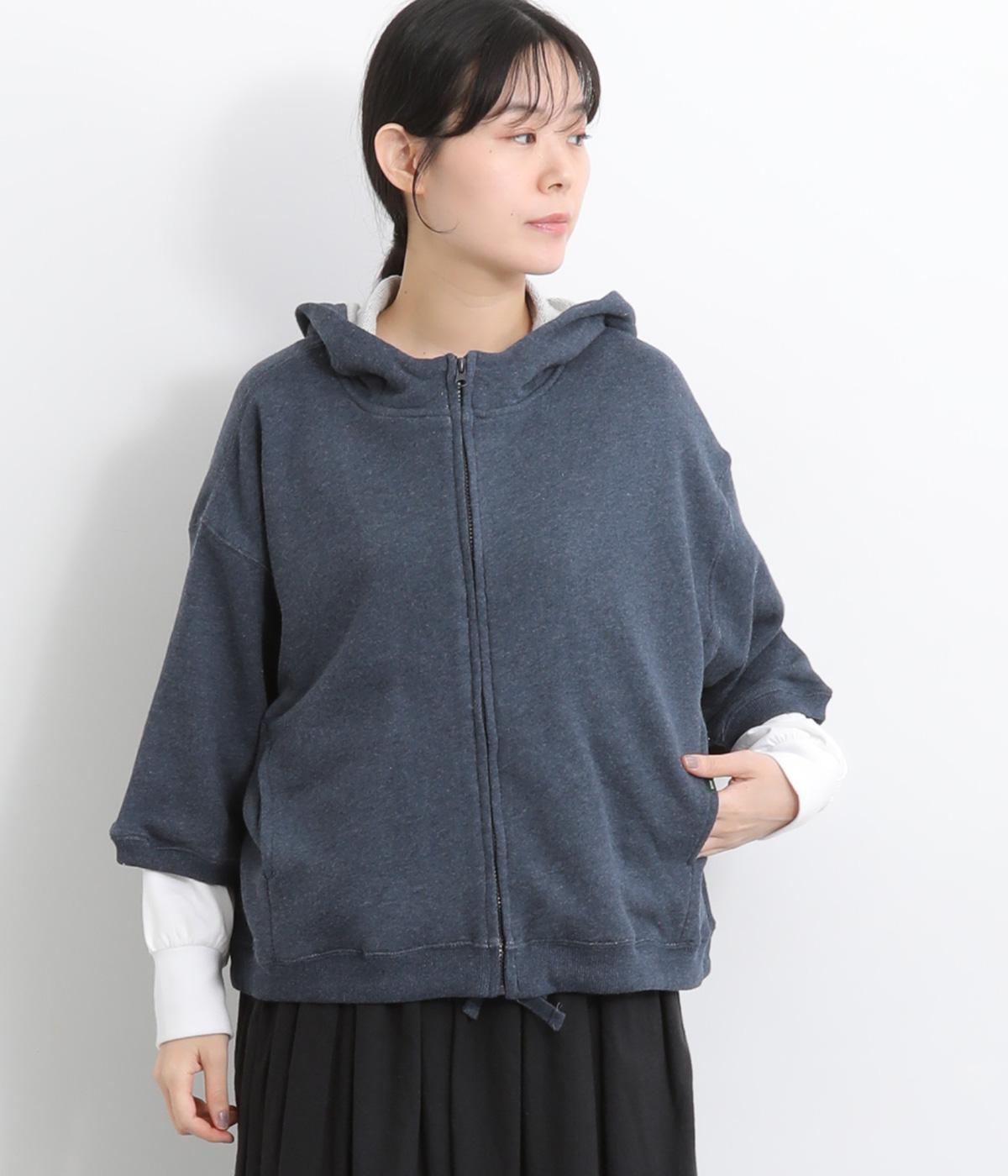 ガーゼ裏毛7分袖ワイドジップパーカ(杢ネイビー-F)