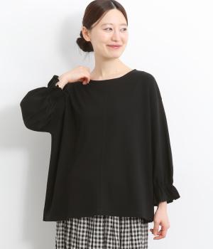 強撚シルケットスムース袖口フリル8分袖プルオーバー(ブラック-F)