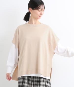 コットンニットサイドスリットワイドベスト(ベージュ-F)