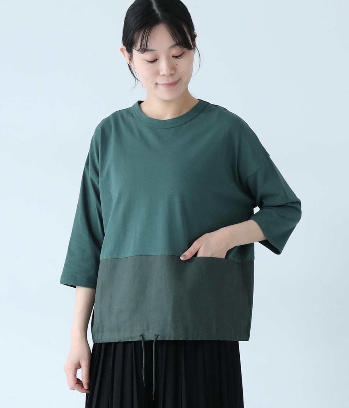 UV天竺異素材切替7分袖Tシャツ(グリーン-F)