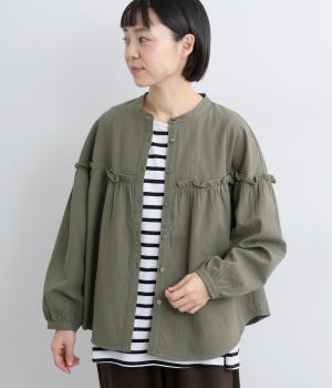 ボリューム袖フリルブラウス(カーキ-F)