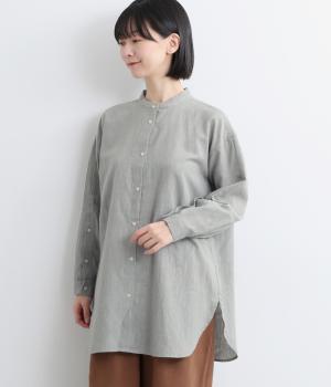 コットンリネン起毛袖ボタン開きロングシャツ(ライトグレー-F)