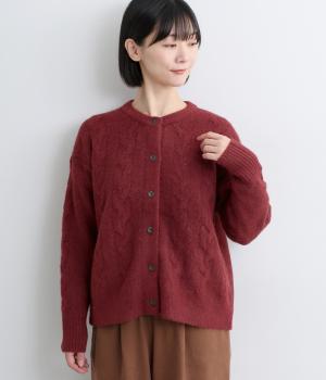 マーセライズウールケーブル編みカーディガン(ボルドー-F)