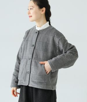 エコウール　ノーカラージャケット(ブラックチェック-F)