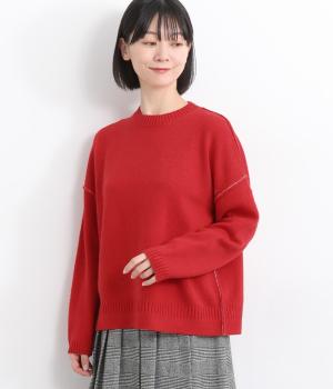 ラムウール　配色リンキングセーター(レッド-F)