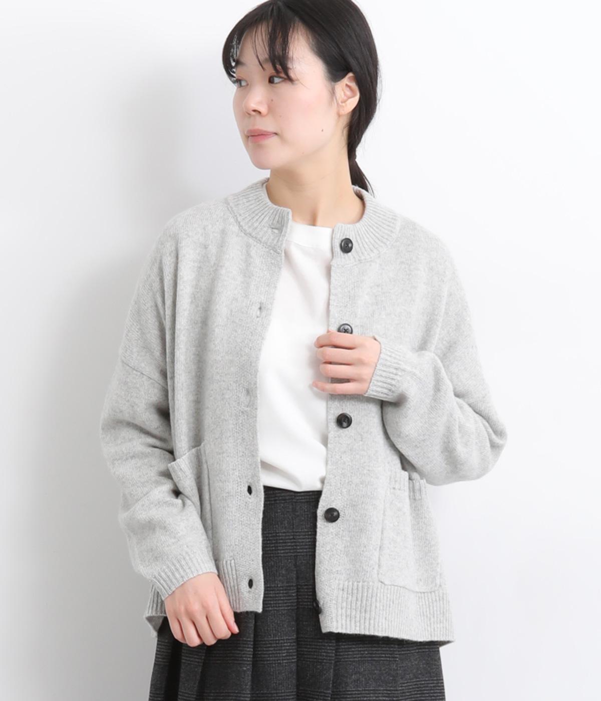 ラムウール　リブ襟カーディガン(グレー-F)