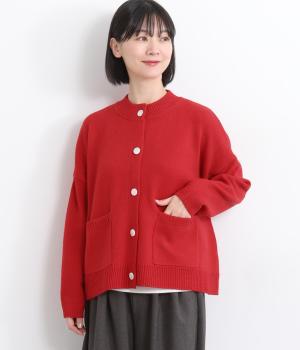 ラムウール　リブ襟カーディガン(レッド-F)
