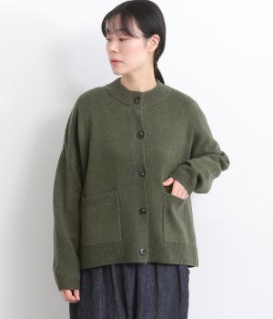 ラムウール　リブ襟カーディガン(カーキ-F)