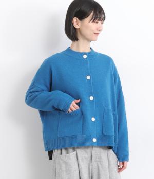ラムウール　リブ襟カーディガン(ブルー-F)