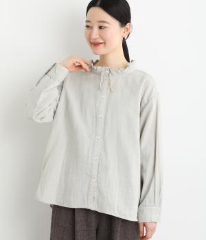 コットンWガーゼ　スタンドギャザー襟ブラウス(ライトグリーン-F)
