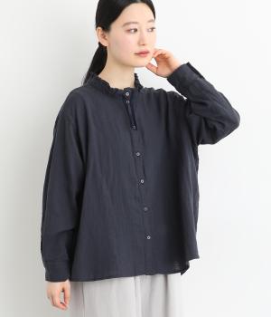 コットンWガーゼ　スタンドギャザー襟ブラウス(ネイビー-F)