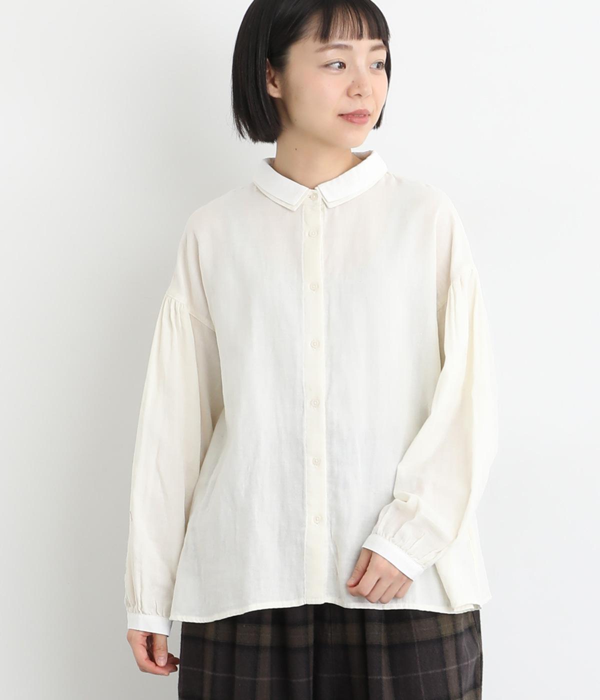 コットンWガーゼ　2枚襟ボリューム袖ブラウス(オフホワイト-F)