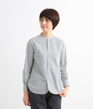 タイプライターラウンドヘムスタンドカラー長袖シャツ(ネイビーストライプ-ONESIZE)