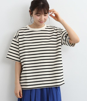 デラヴェジャージー　チビスリットクルーネック半袖Tシャツ(アイボリー×ブラック-ONESIZE)