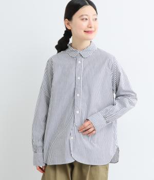 タイプライター　ラウンドヘム丸襟長袖シャツ(ネイビーストライプ-F)
