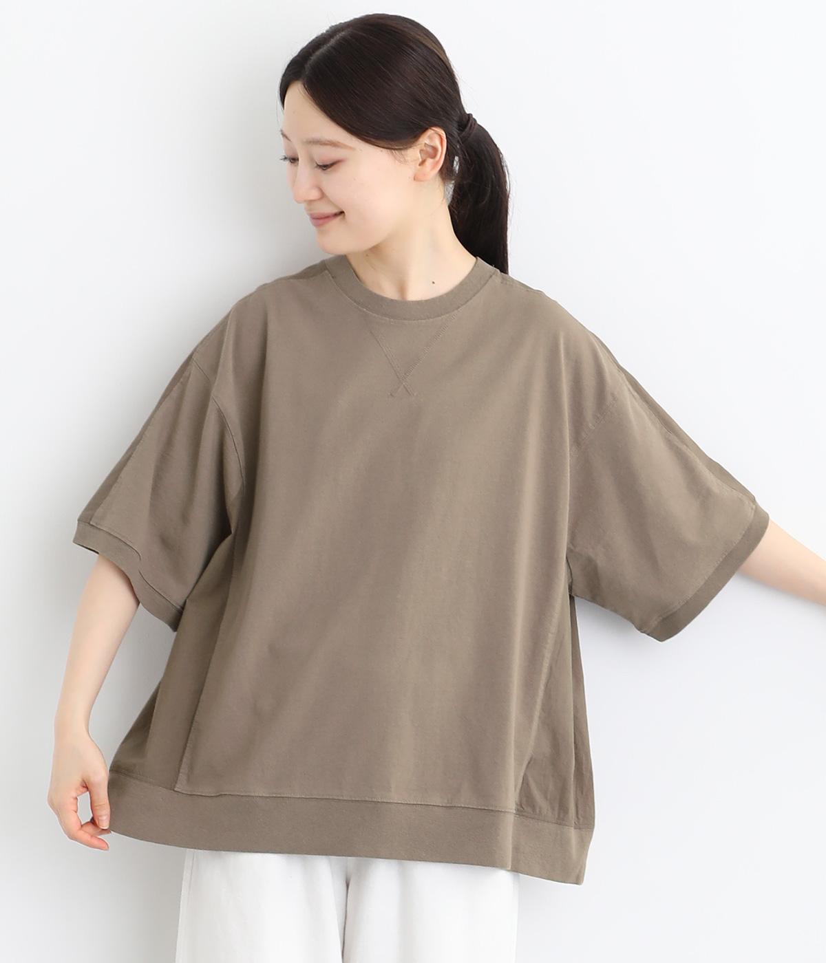 天竺布帛×カットソー切替半袖Tシャツ(グレージュ-ONESIZE)