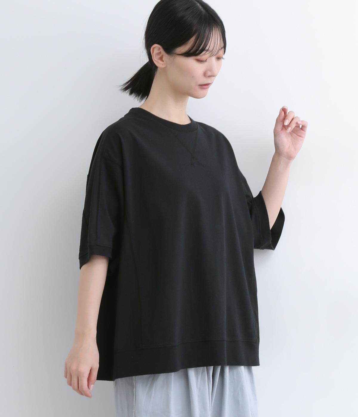 天竺布帛×カットソー切替半袖Tシャツ(ネイビーブラック-ONESIZE)