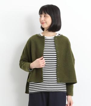 クルーネックスクエアカーディガン(カーキ-F)