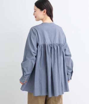 ワッシャーブロードバックギャザーチュニックブラウス(ブルーシャンブレー-F)