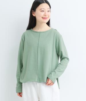 ラフィーコーマ天竺飾りステッチロングTシャツ(モスグリーン-F)