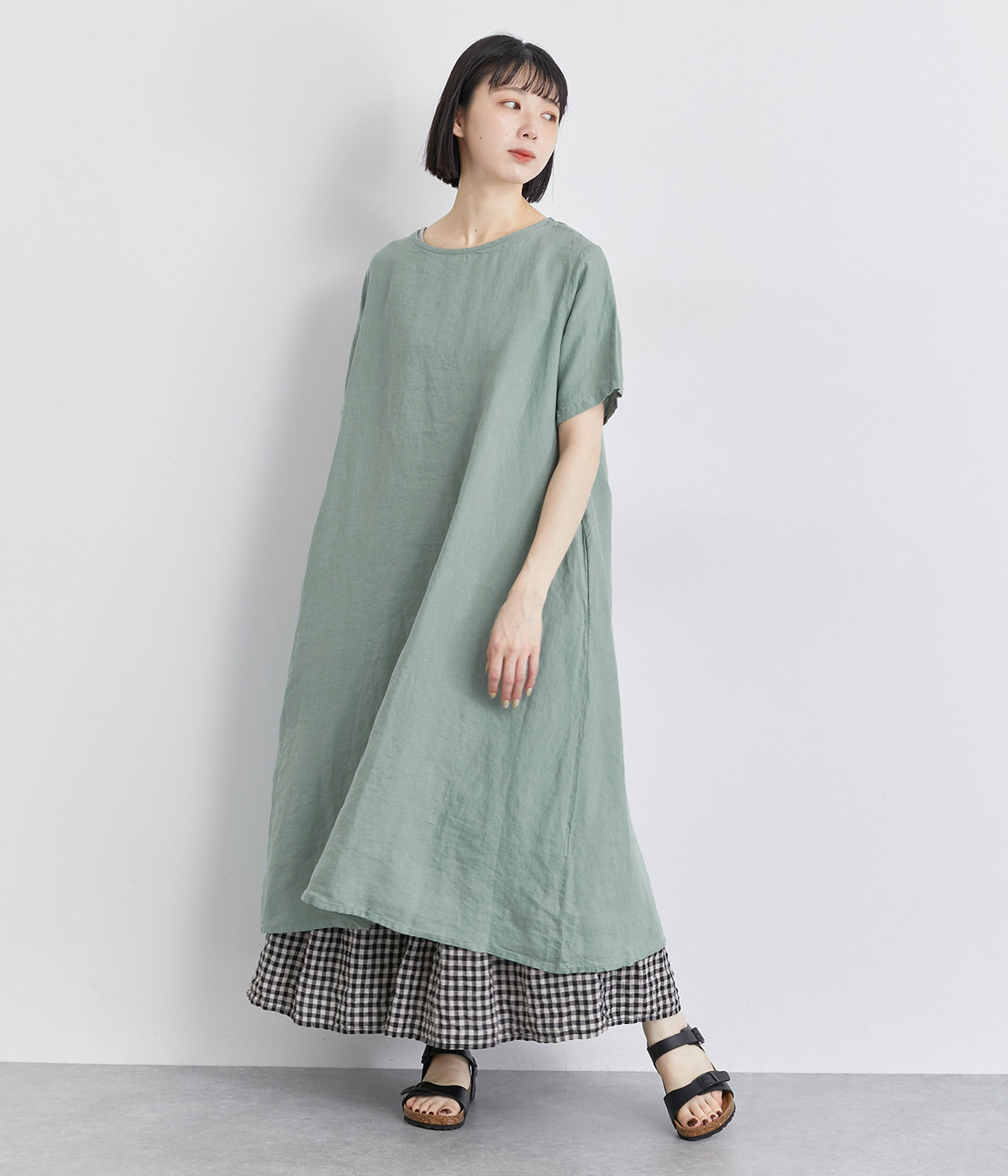 インディゴ半袖 ロングワンピース 綿麻混合 インディゴ半袖 ロングワンピース 綿麻混合