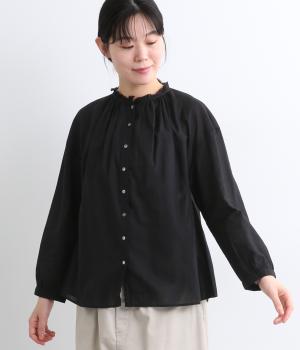 コットンサテンガーゼフリルカラーブラウス(ブラック-ONESIZE)