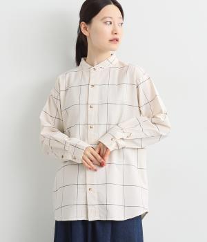 オックスヴィンテージウォッシュラウンドカラーステッチブラウス(ウィンドウペーン-F)