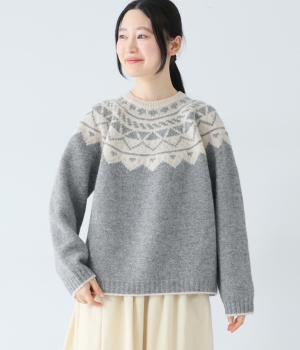 ウール100%ニットノルディック柄プルオーバー(グレー-F)