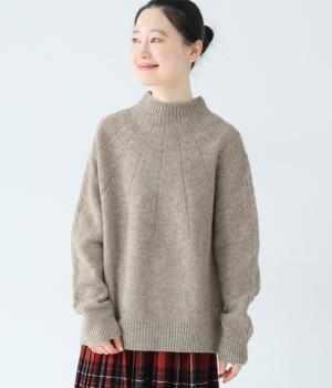 ナチュラルウールニットアラン柄スリーブ求心プルオーバー(ベージュ-F)