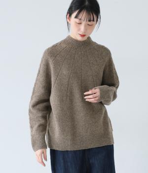 ナチュラルウールニットアラン柄スリーブ求心プルオーバー(ライトブラウン-F)