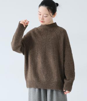 ナチュラルウールニットアラン柄スリーブ求心プルオーバー(ブラウン-F)