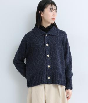 コットンウールスラブニット　オープンカラーカーディガン(ネイビー-F)