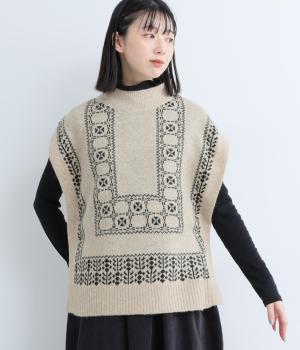 ジャカードニット　パッチワーク風ベスト(オートミール×ブラック-F)