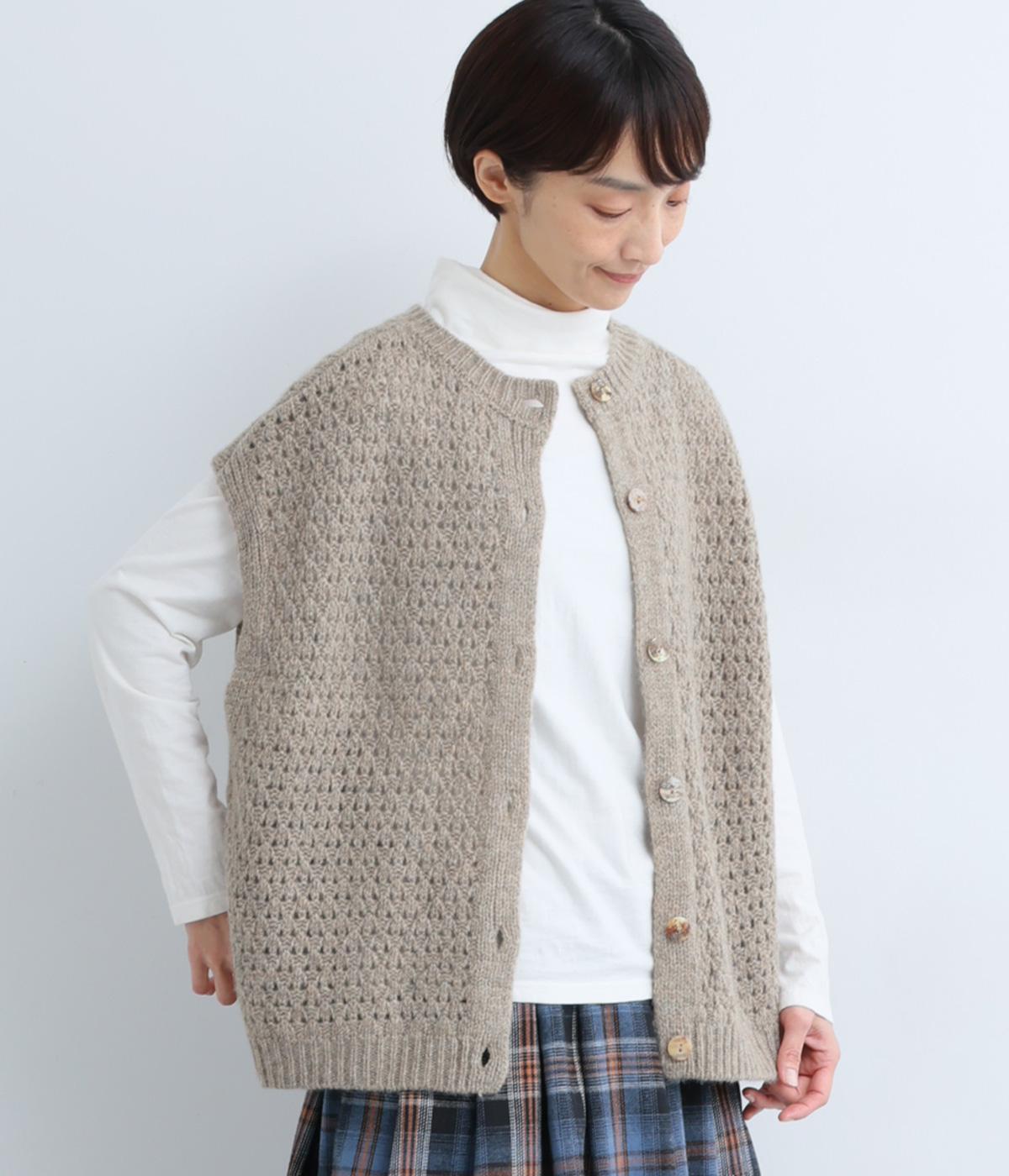 ウール100％ニット　透かし柄2wayドロップショルダーベスト(サンドベージュ-F)