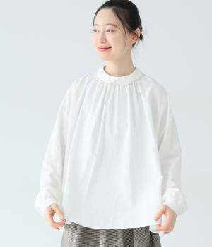 コットン変形織り　重なり長袖ブラウス(オフホワイト-F)