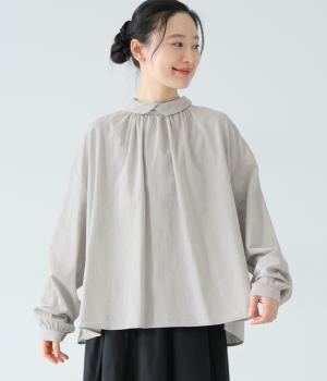 コットン変形織り　重なり長袖ブラウス(グレーシャンブレー-F)