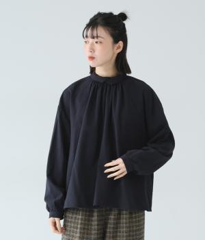 コットン変形織り　重なり長袖ブラウス(ネイビー-F)